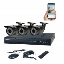 Kit supraveghere video AKU 3 camere SUPER CLEAR AHD 2MP varifocale 2.8 - 12mm + DVR 4 canale FULL HD 1080P H264, interior exterior carcase metalice cu infrarosu, iesire internet cu vizualizare pe telefon mobil tableta desktop